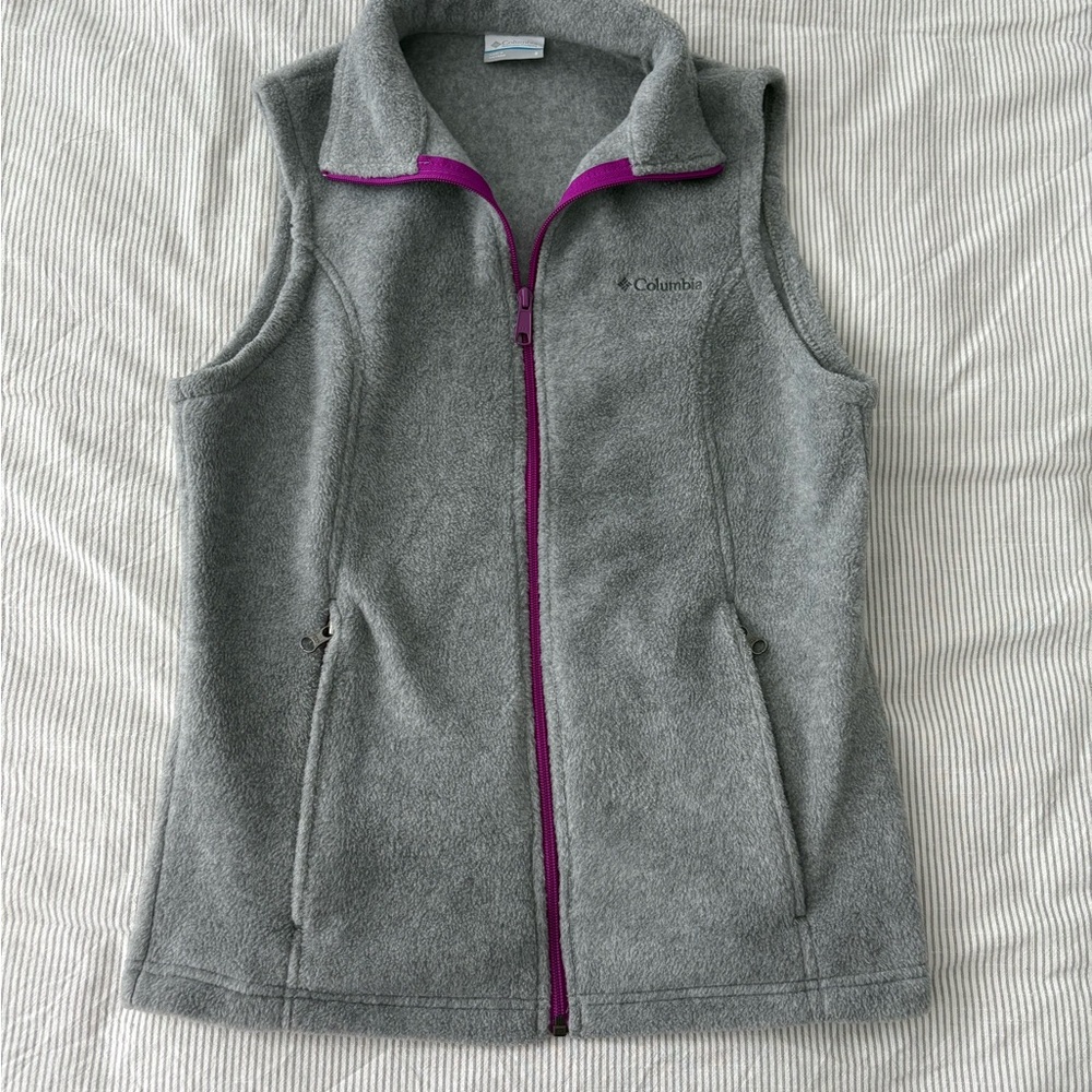 Columbia Gray Fleece Vest with Purple Accent